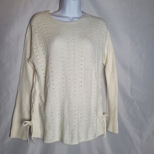 Talbots Pointelle Eyelet Detail Pullover Sweater Side Tie Cream Cotton Blend S